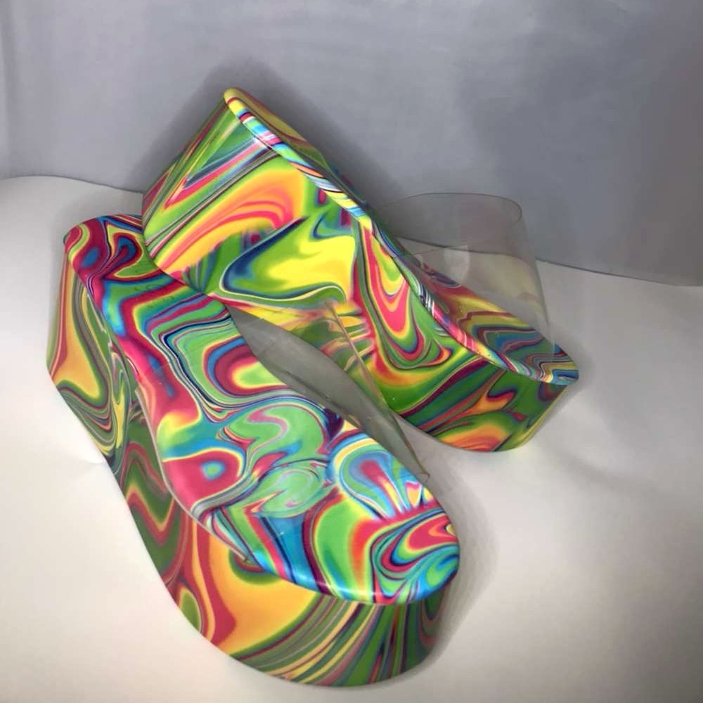 Rainbow (Trippy) opened toe platforms with clear strap. Size 10